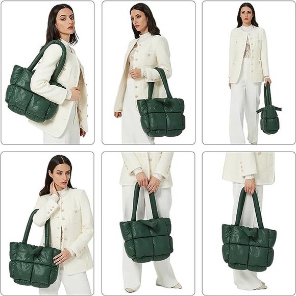 Women's Checkered Puffer Tote Bag - Large Zippered Shoulder Bag For Work & Travel, Lightweight - View #3